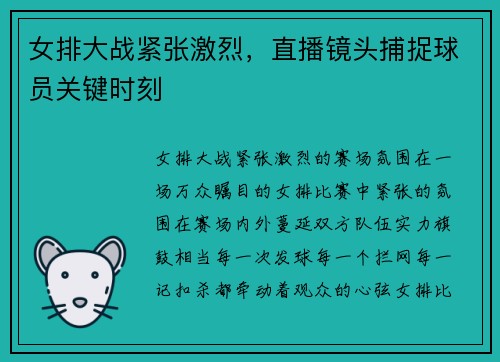 女排大战紧张激烈，直播镜头捕捉球员关键时刻