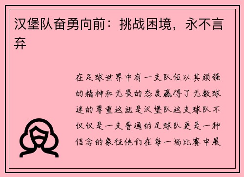 汉堡队奋勇向前：挑战困境，永不言弃